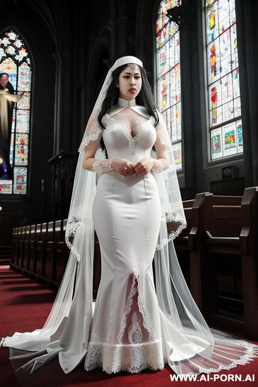 pet collar, monstrous, (((lace veil ))), white lace clothes, many nun praying in background, kneeling, praying - #main