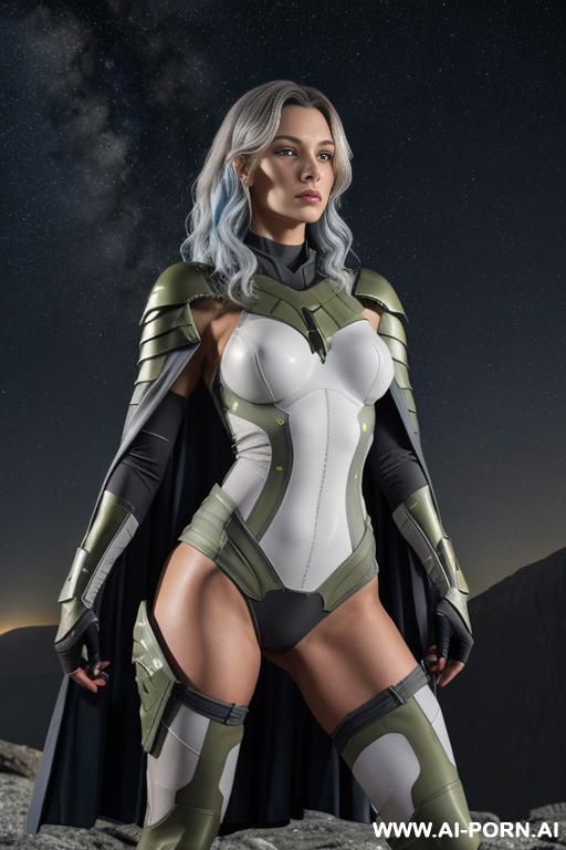space aegis woman, sinewy athletic body, ((nude breasts)), (((white-gray skin))), (elegant sharp boobs), dominant woman, proud body pose, (elegant shape), front view, (eye contact), sharp face, brave - #main