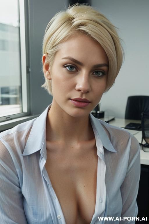 a very -skinned woman, short pixie blonde hairs, in an indecently unbuttoned shirt openly looks at the camera, in the office - #main