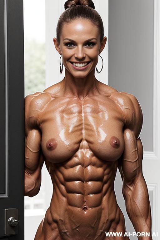((nude white norwegian smiling very muscular short fitness model pia m. with rockhard pecs)), (extreme sculpted abs), ((very muscular pecs)), ((very muscular delts)), ((very muscular traps)), ((nude - #main