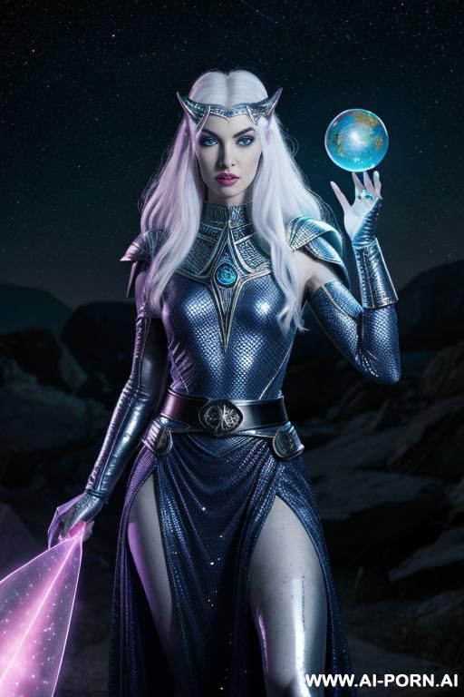 space wizard, looking at viewer, (eye contact), front view, finely detail, majestic view, ultra detailed face, highly detailed skin, highly detailed hands, tall athletic body, ((white colored shiny - #main