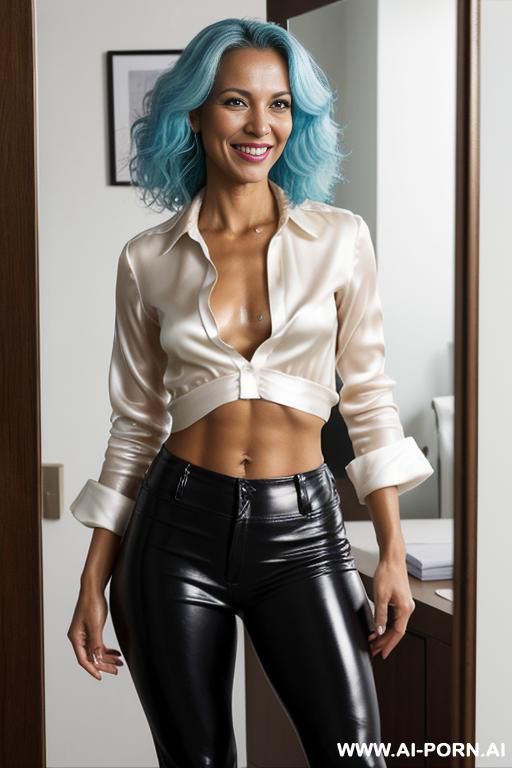 (second-skin black leather pants), (partly unbuttoned white silk shirt), (bare feet), ((dancing in front a mirror)), (in the dressing room), - #main