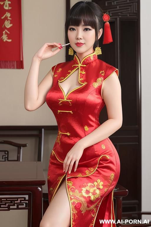 ((chinese)), ((red chinese traditional dress)), ((chinese woman)), ((bright lighting)), ((chinese bangs)), ((chubby)), ((chinese stye building)) - #main