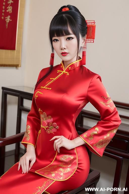 ((chinese)), ((red chinese traditional dress)), ((chinese woman)), ((bright lighting)), ((chinese bangs)) - #main