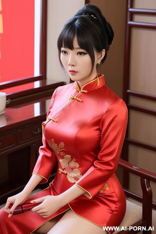 ((chinese)), ((red chinese traditional dress)), ((chinese woman)), ((bright lighting)), ((chinese bangs)), ((chubby)), ((chinese style building)), ((root)), ((open legs)) - #main