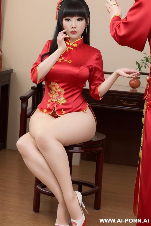 ((chinese)), ((red chinese traditional dress)), ((chinese woman)), ((bright lighting)), ((chinese bangs)), ((chubby)), ((chinese style building)), ((root)), ((open legs)), ((ultra realistic)), ((ghastly white skin)) - #main