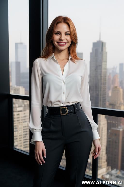 (rooftop), (((actress topanga))), ((dark pant and suit, fancy belt, white blouse)), (big full lips), ((smiling at the camera)), photorealistic, texan, (ultra detailed photo), (hyper realistic photo), - #main