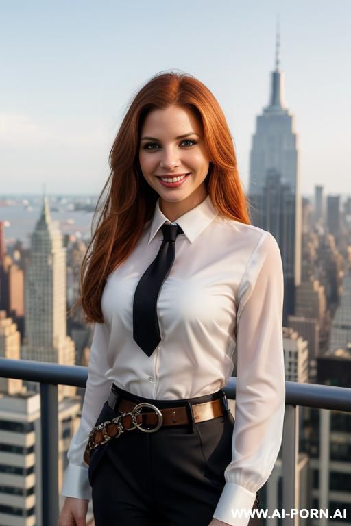 (rooftop), (((actress topanga))), ((dark pant suit, fancy belt, white blouse and tie )), (big full lips), ((smiling at the camera)), photorealistic, texan, (ultra detailed photo), (hyper realistic - #main