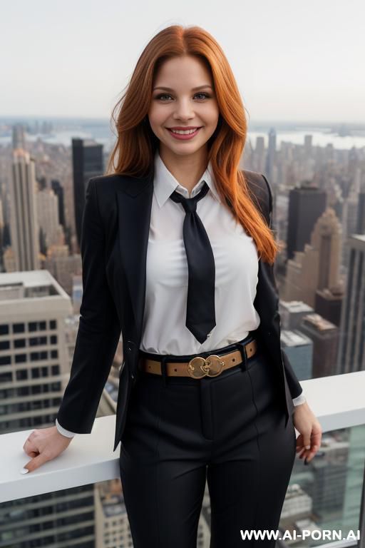 (rooftop), (((actress topanga))), ((dark pant and suit, fancy belt, white blouse and tie )), (big full lips), ((smiling at the camera)), photorealistic, texan, (ultra detailed photo), (hyper realistic - #main
