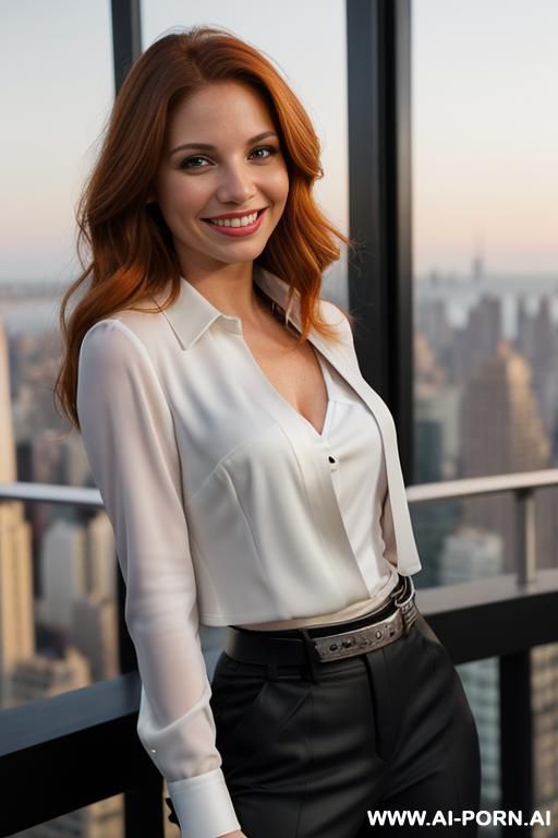 (rooftop), (((actress topanga))), ((dark pant and suit jacket, fancy belt, white blouse )), (big full lips), ((smiling at the camera)), photorealistic, texan, (ultra detailed photo), (hyper realistic - #main