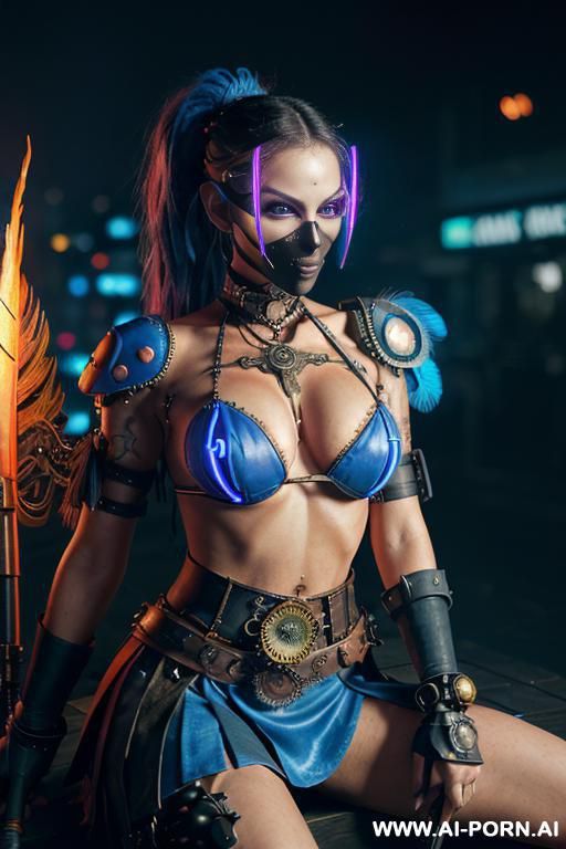 (((woman sitting))), (glowing red eyes), (long blue purple and white hair with a flower), ((crop top white collar shirt with red tie)), ((((flaming angel wing)))), ((navy formal coat)), (((electric - #main