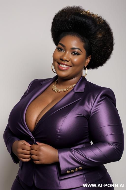 make a chubby african woman of about 0 years old, wide and big black belly, wearing a purple bottoned and soft jacket. big afro hairstyle, smiling to the camera and by arms crossed, - #main