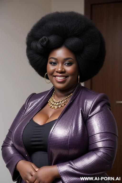 make a chubby african woman of about 0 years old, wide and big black belly, wearing a purple bottoned and soft jacket. big afro hairstyle, smiling to the camera and by arms crossed, extremely giant massive fat boobs covering her crossed arms - #main