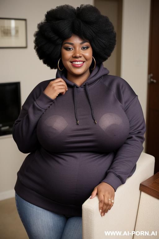 make a 0 years chubby african woman, wide and big black belly, wearing a soft purple sweatshirt. big afro hairstyle, smiling to the camera and by arms crossed, extremely giant massive fat - #main