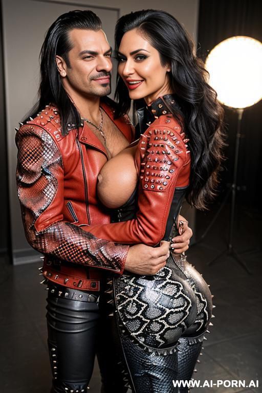((((persian rock milf hugged by a muscular punk man)))) with ((((((gigantic tits)))))) and (((long hair))), (makeup) , (((tight spiked red python print leather jacket))) (((tight spiked python print - #main