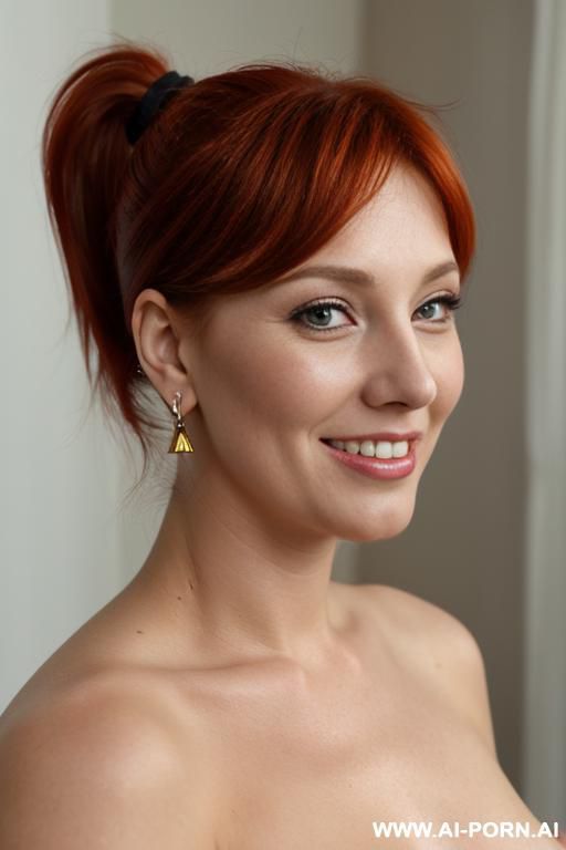 red hair, brown hair, bangs, ponytail, earrings - #main