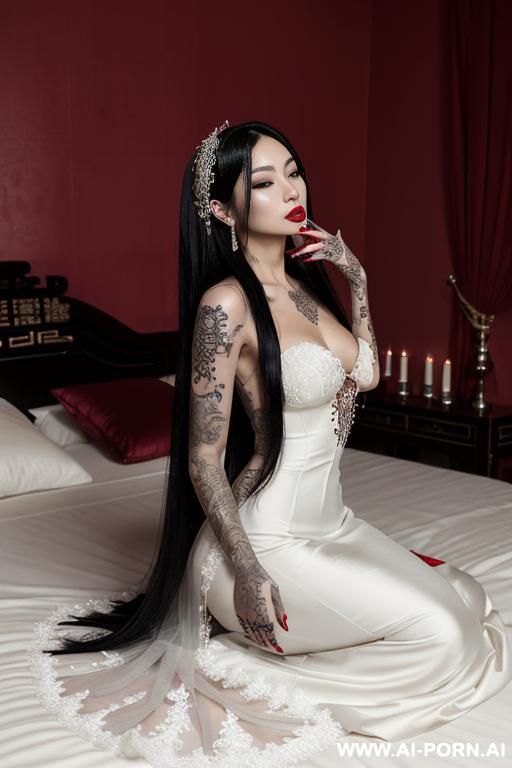 2 big titted korean idol wear wedding dress and kissing on bed, bride, 2 womans are pressing each other and kissing on the bed , lay on bed, traditional chinese wedding dress - #main