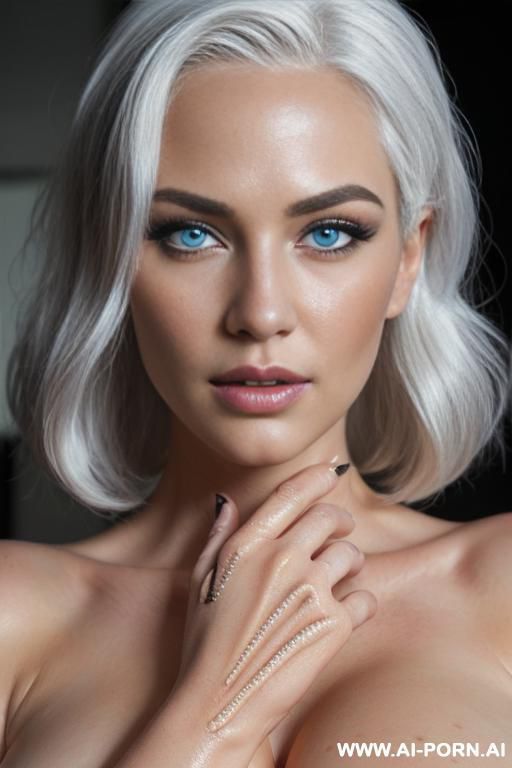 nude sexy nurse with huge tits, thick thighs, white hair, blue eyes, wavy hair, wearing black latex suite costume, big tits, exposing tits, extremely beautiful, (((photo realistic))), (((beautiful - #main