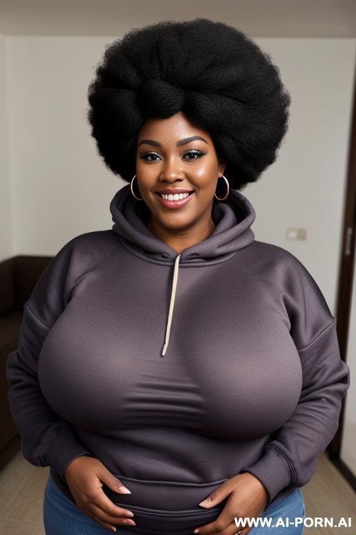 make a chubby african woman, wide and big black belly, wearing a soft purple sweatshirt. big afro hairstyle, smiling to the camera and by arms crossed, extremely giant massive fat boobs - #main