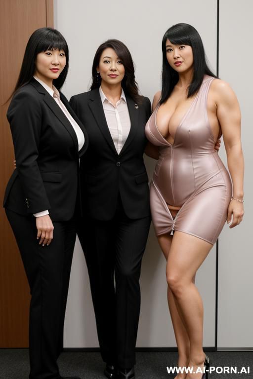 a muscle naked japanese woman, a taller bbw woman and a more taller woman, wearing a sexy suit are standing side by side - #main