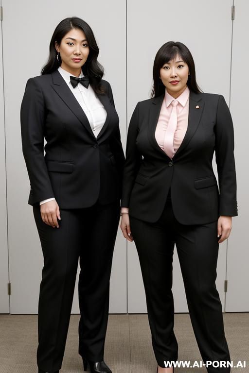 a muscle naked japanese woman and a taller bbw woman and a more taller woman wearing a sexy suit are standing side by side - #main
