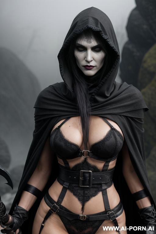 reaper woman, looking at viewer, (eye contact), finely detail, ultra detailed face, highly detailed skin, highly detailed hands, ((ly waxen skin)), scary face, emotionless face exspression, gray eyes, - #main