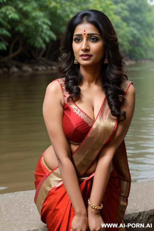 30 year old indian woman, with big breasts, almond shaped hazel eyes, crouching down near edge of river, wearing a hitched up saree, sleeveless blouse, long curly flowing hair, looking tods camera - #main
