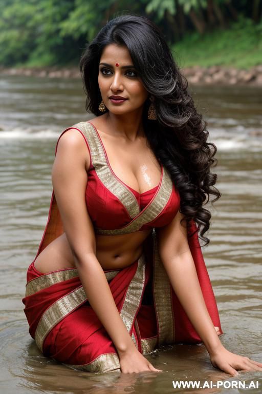 30 year old indian woman, with big breasts, almond shaped hazel eyes, crouching down near edge of river, wearing a hitched up saree, sleeveless wet blouse, long curly flowing hair, looking tods camera, body glistening with moisture - #main