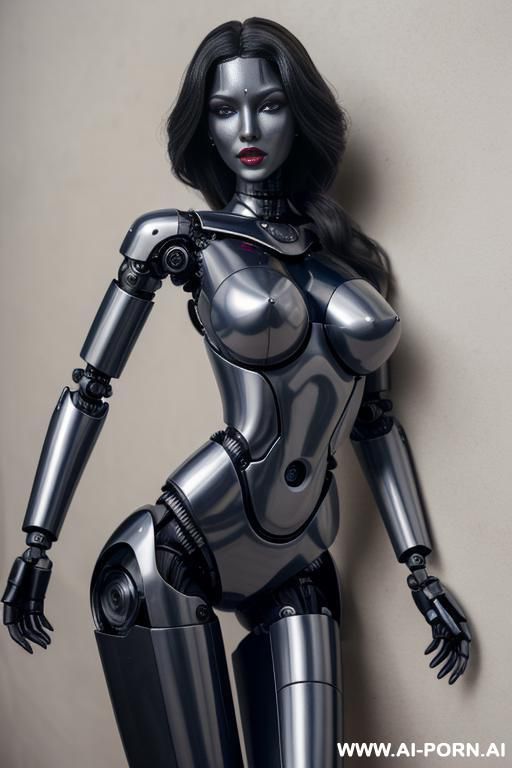 robot, front view, full body view, leaning back against wall, looking at viewer, silicone skin, fully robotic body, huge robotic tits, shapely robotic arms, shapely robotic legs, big robotic ass, - #main