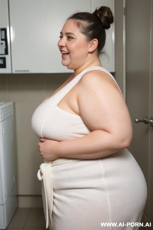 huge obese woman, huge belly, fat arms, fat bottom, large hips, wearing a white open bathrobe, flashing saggy natural tits,, false blonde hair bun, side view, chubby face - #main
