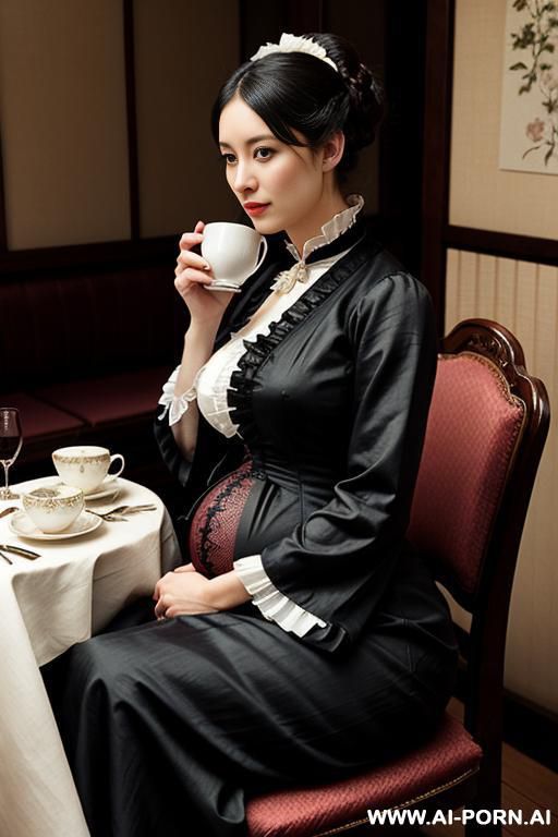 victorian style, pleated dress, drinking a cup of tea, pov eating out - #main
