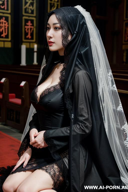 pet collar, monstrous, (((lace veil ))), black clothes, many nun praying for goodness, kneeling - #main