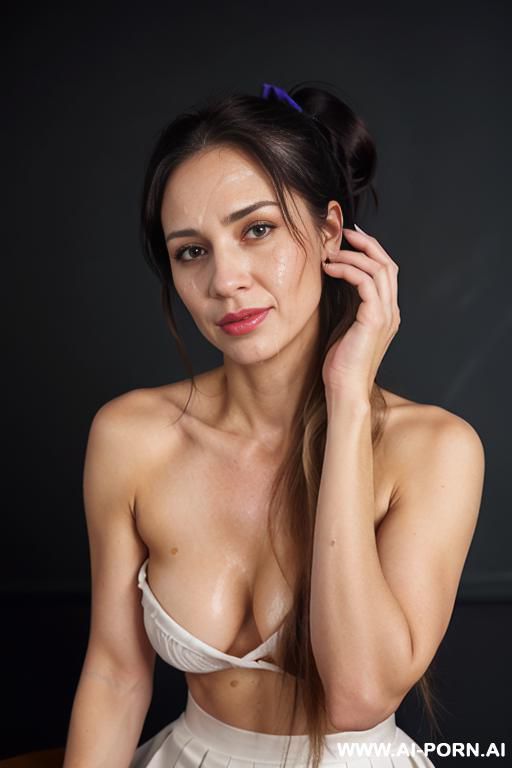 gorgeous woman european model in partially armored , topless (very white skin)) (show her naked boobs) (glowing eyes) (long fluffy ponytail hair) (buxom bimbo) full body/ - #main