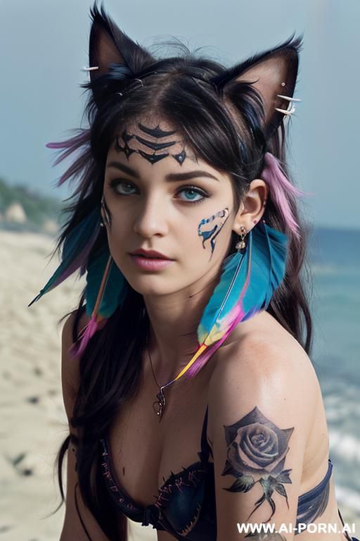 face, ((sexy)), beautiful, ((face painting)), ((bikini as seashell)), ((tattoo roses)), ((moon)), ((night)), ((eyes shw)), ((angel wings)), ((darkness)), ((dark)), ((rainbow hair)), ((one rose in hair) - #main