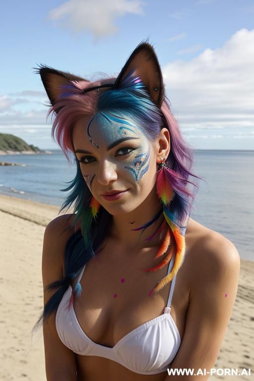 pretty face, ((face painting)), ((rainbow hair)), ((wind)), ((cat ears)), ((feather earrings)), neckless, full view, standing, sensual - #main