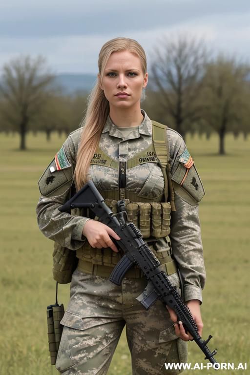 german woman, blond hair, big breasts, camouflage millitary suit, soldier, green camouflage suit, holding waepon , black womans standing in background, battelfield - #main