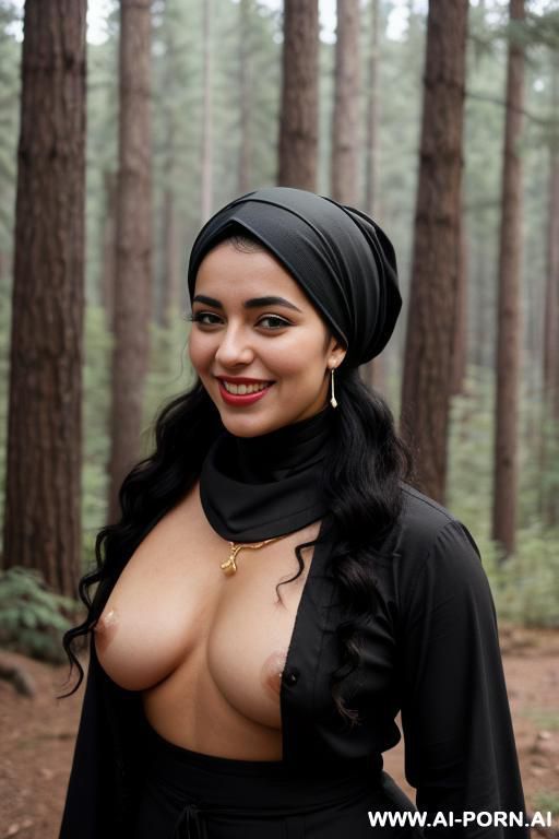 arabic, choker, nude, naked, pine and spruce forest, ((black arabic head scarf)) - #main