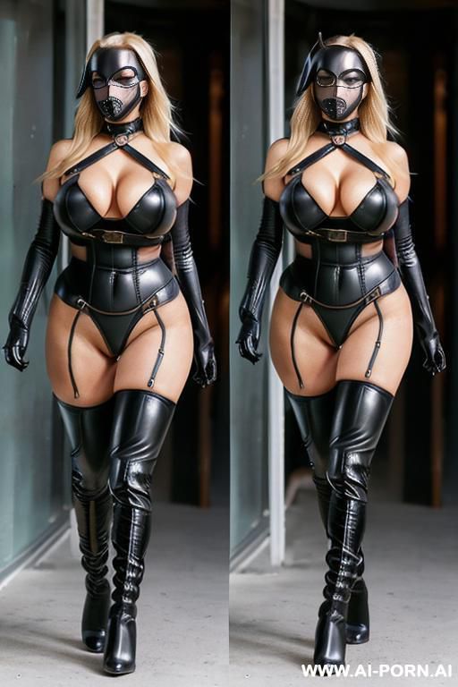 (blonde fit woman) (amazing fit body) (tall) (((huge boobs))) (black over knee boots) (((gimp suit bdsm))) (((puppy mask))) - #main