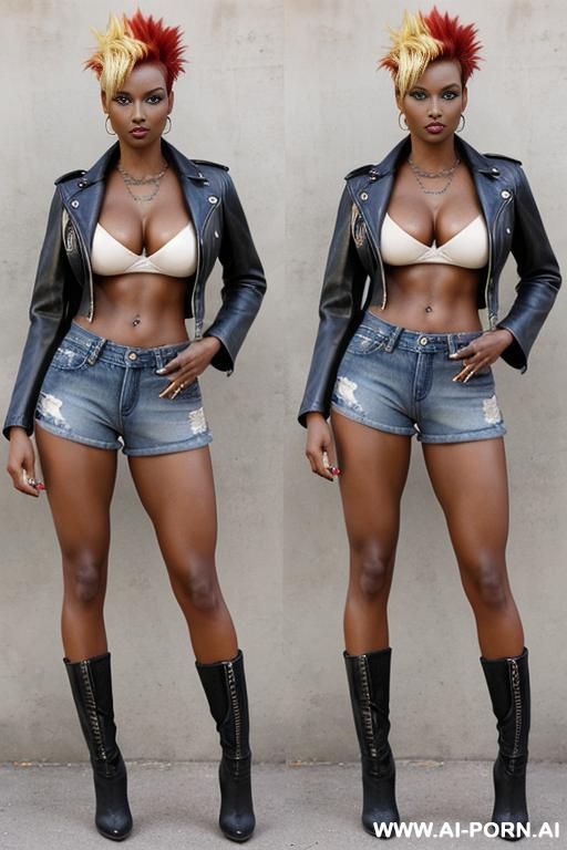 (hot tall) (amazing fit body) (blonde) (dark skin) (huge boobs) (high heels) (tight denim shorts) (fit abs) (topless) (combat boots) - #main
