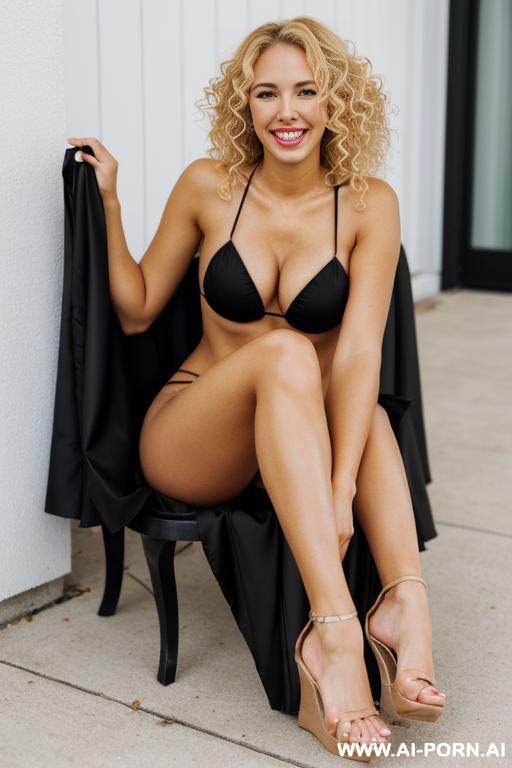 blonde curly woman. 1. summer wedge heels that are strappy black covering whole legs. she is nude. - #main