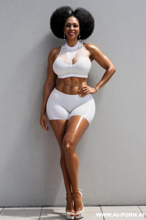 (afro american hot tall milf) (tight fit spandex shorts) (white croop top) (hot abs) (full body shot) (high heels) (amazing fit body) ((wet clog)) transparente outfit - #main