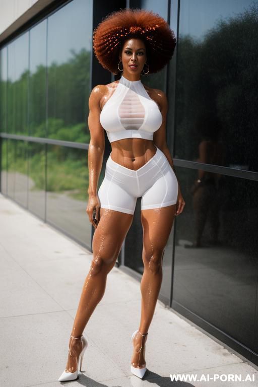(afro american hot tall milf) (tight fit spandex shorts) (white croop top) (hot abs) (full body shot) (high heels) (amazing fit body) ((wet )) ((transparente outfit)) - #main