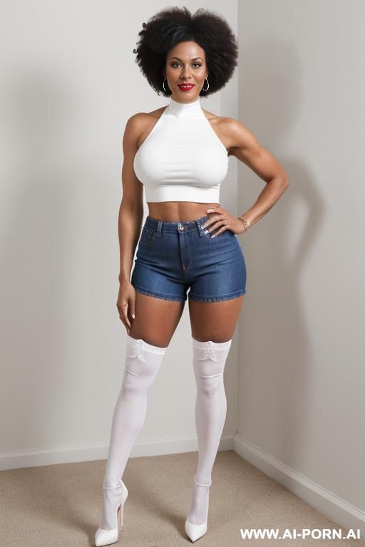 (afro american hot tall milf) (tight fit denim shorts) (white croop top) ( stockings) (hot abs) (full body shot) (high heels) (amazing fit body) - #main