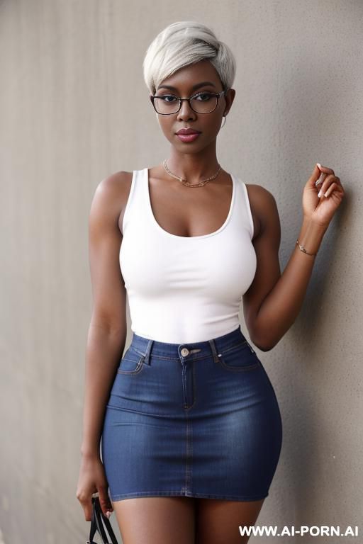 (hot tall woman) (tight denim micro skirt) (high heels) glasses) (white tank top) (pixie hair cut) (dark skin) (amazing fit body) (huge boobs) (big clevage) - #main