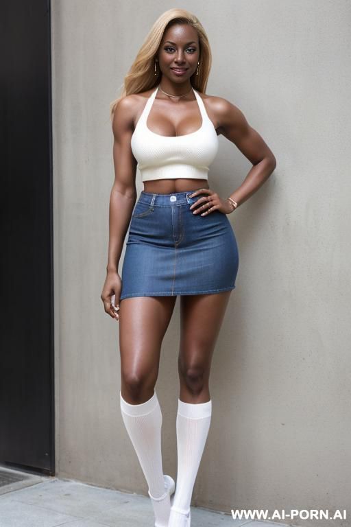 (hot tall) (amazing fit body) (blonde) (dark skin) (huge boobs) (knee socks) (tight denim micro skirt) (fit abs) (cleavage) (white crop top) (full body shot) (no shoes) - #main