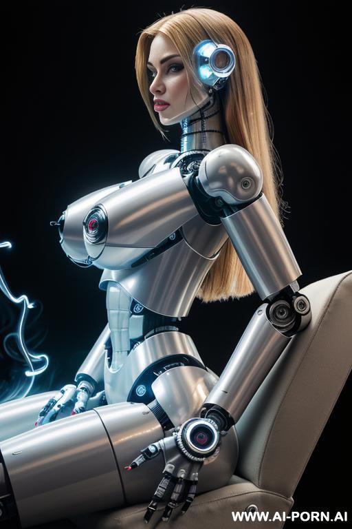 damaged robot, side view, full body view, sitting in armchair in spaceship, arms on armrests, looking at viewer, beautiful angry human face with tanned silicone skin, shouting, long straight blonde - #main