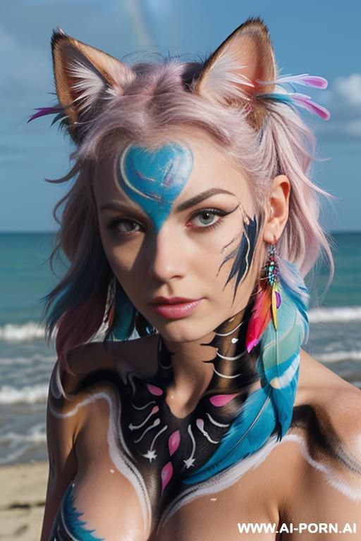 face, sexy, beautiful, ((face painting)), ((body painting)), ((bikini as seashell)), ((roses)), ((eyes shw)), ((angel wings)), ((rainbow hair)), (( makeup)), ((glitter)), ((long bu hair)), ((heterochromia - #main