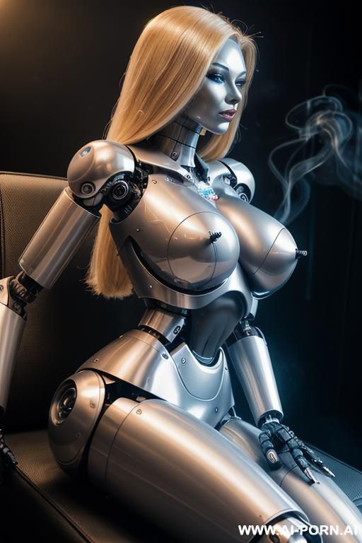 damaged robot, side view, full body view, sitting in armchair in spaceship, arms on armrests, looking at viewer, beautiful angry human face with tanned silicone skin, shouting, long straight blonde - #main