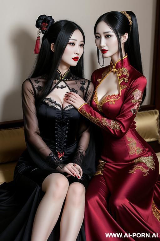 tea party, goth woman, goth clothes, full clothes, long dress, hugging each other, chinese clothes - #main