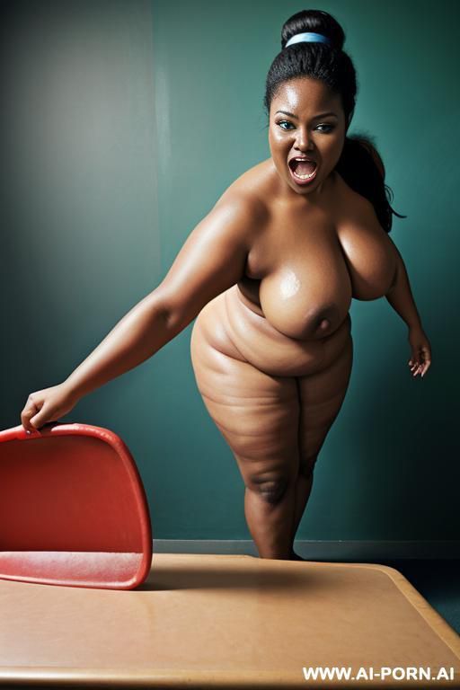 very saggy boobs, wide open mouth with stucking out tongue, (receiving water jet from above on her face), side view, remove shoes - #main